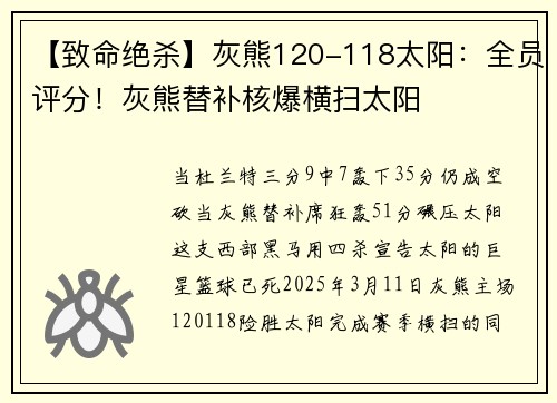 【致命绝杀】灰熊120-118太阳:全员评分!灰熊替补核爆横扫太阳